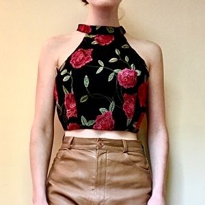 3/$16 Embroidered Rose Zip Back Crop Top